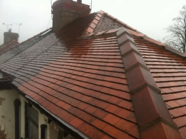 Clay tiled roof and chimney above the fascia