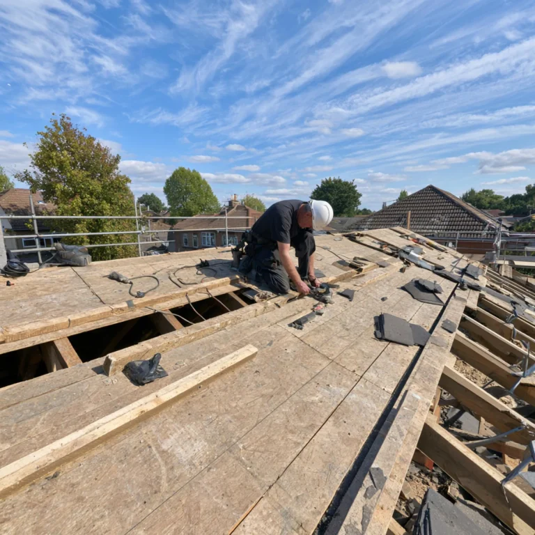 Roofer stripping an old roof covering