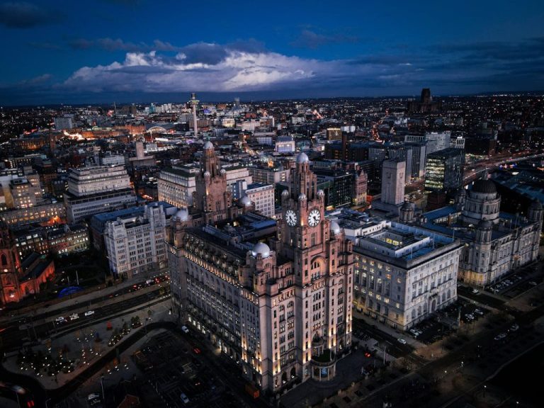 Liverpool city centre and waterfront at dusk