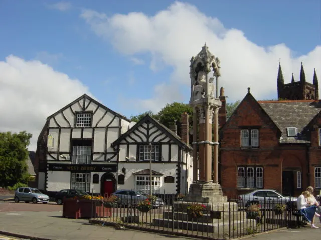 Historic buildings and memorial in West Derby village